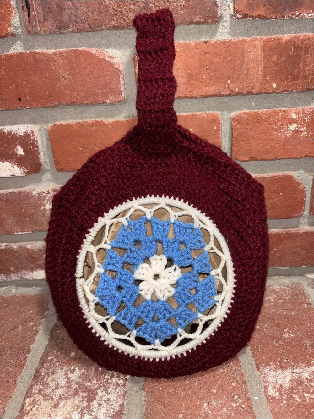 Handmade Boho Crochet Round Wristlet Bag in Burgundy with Blue & Cream Accent